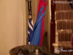 Tight pink pussy girls having fun with toy in kitchen